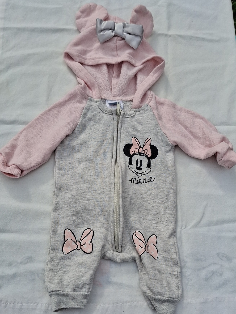 Disney Minnie Mouse Pink and Gray Hooded Baby One-Piece